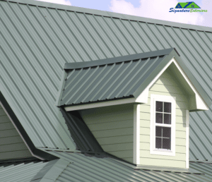 Aluminum roofing that's been painted a dark green