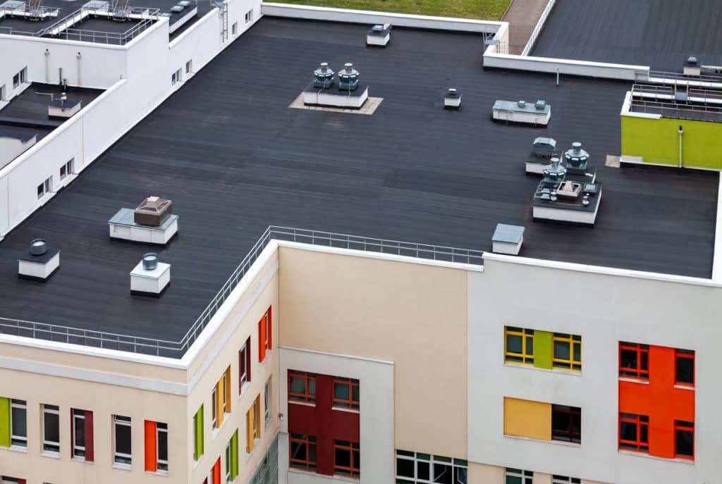 Aerial view of the roof of a commercial building