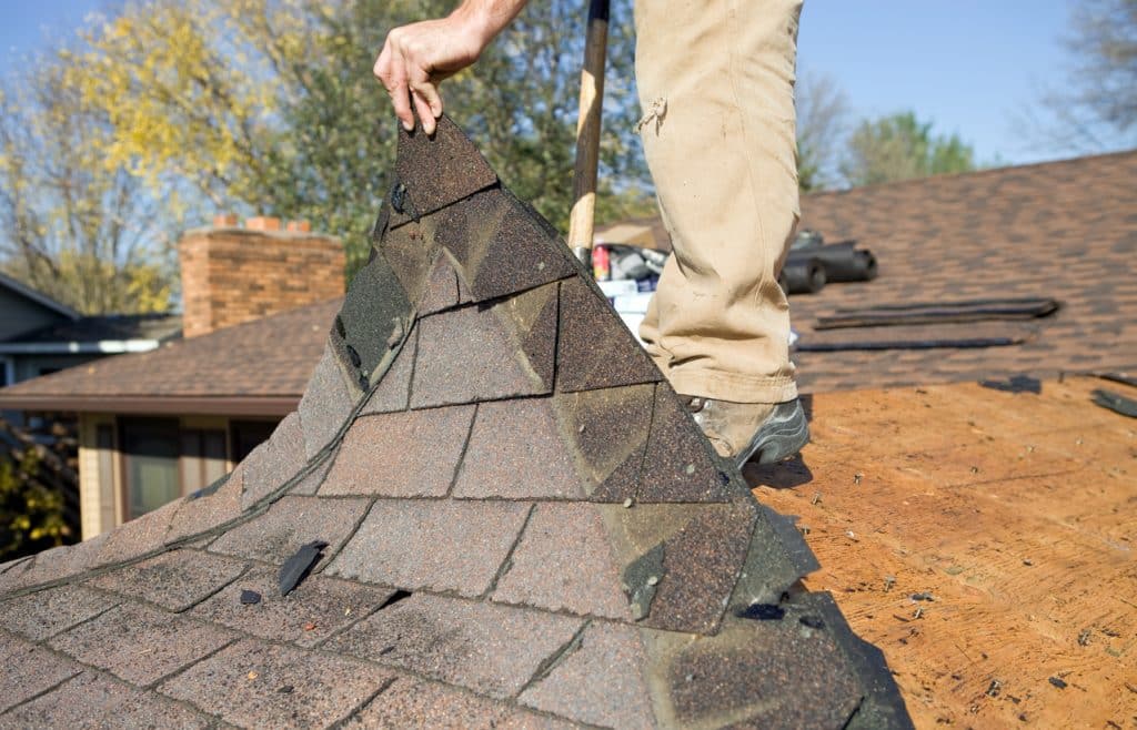 Worker Removing Old Roof Shingles for Replacement