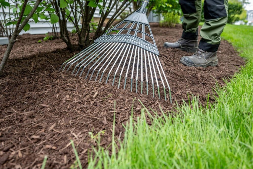 someone raking mulch away from house siding